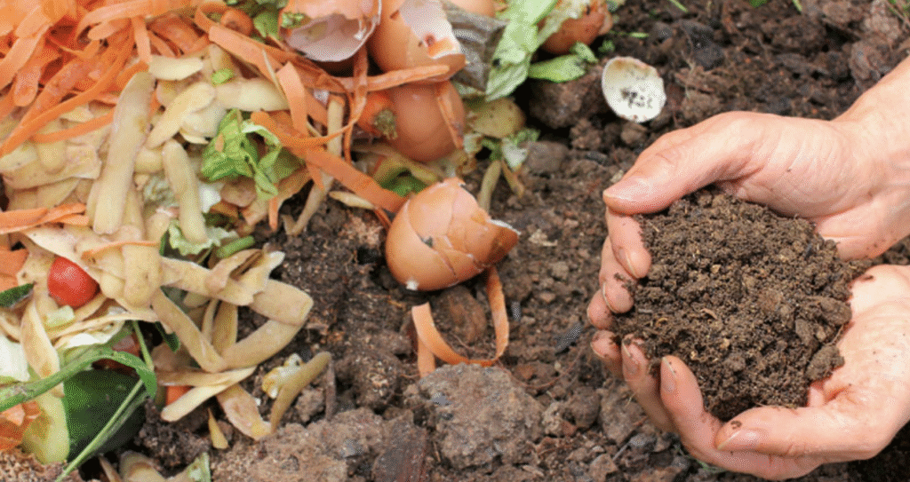 alimentos vegetales en descomposición, unas manos agarrar la composta convertida en un puñado de tierra